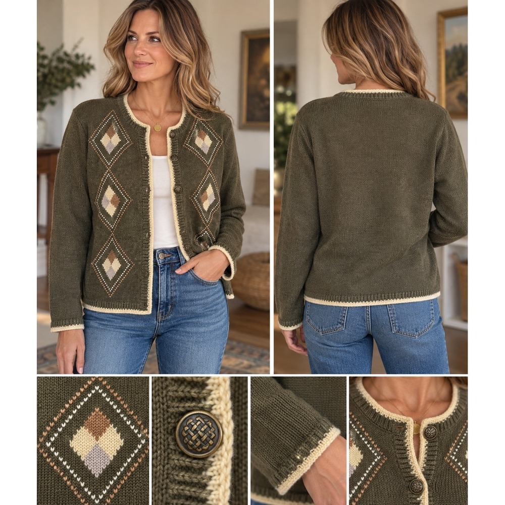 Christopher & Banks Vintage Hand Embroidered Cardigan Olive Green Cottagecore L